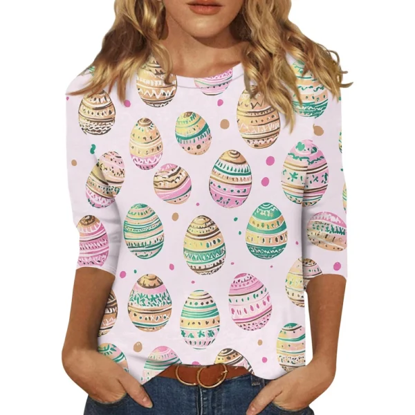 Women's Casual Fashion Easter Tops Plus Size Printed Basic 3/4 Sleeve Pullover - Image 2