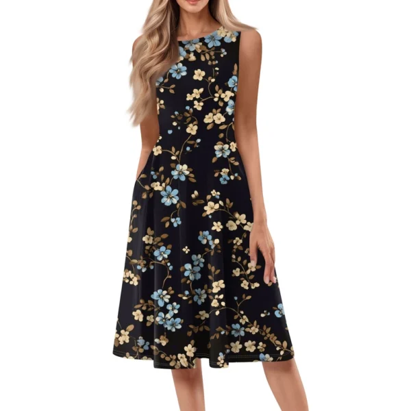 Women's Casual Fashion Floral Print Round Neck Sleeveless Solid Color Midi Dress - Image 23