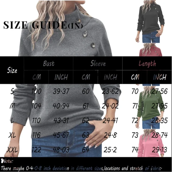 Women's Fashion Casual Solid Color High-neck Button Loose Long-sleeved Hoodie - Image 20