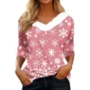 Women's V Neck Christmas Party Top Fleece Collar Shirt Long Sleeve T Shirt - Image 23