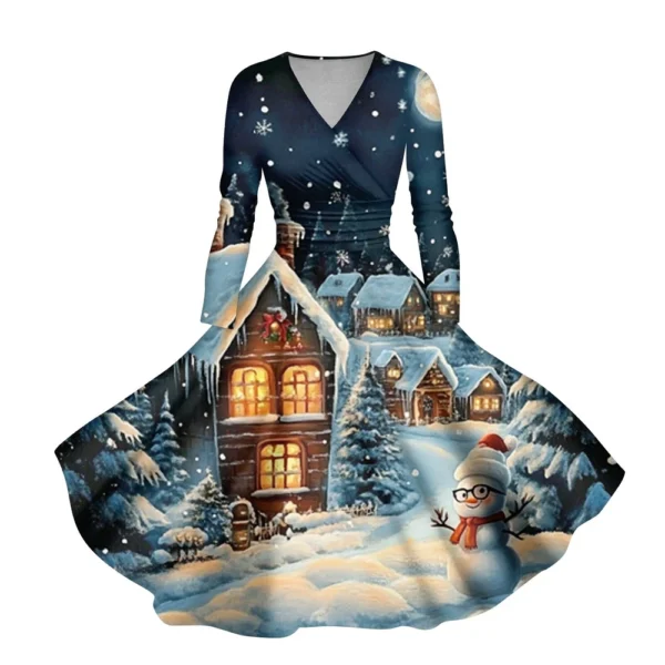 Women's Casual V-Neck Slim Fashion Christmas Long Sleeve Printed Dresses - Image 32