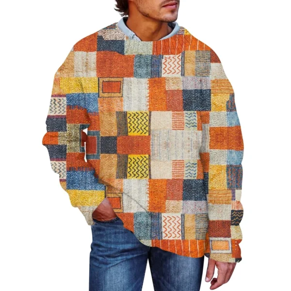 Men'S Printed Synthetic Sweater Round Neck Sportswear Loose Long Sleeved Top - Image 2