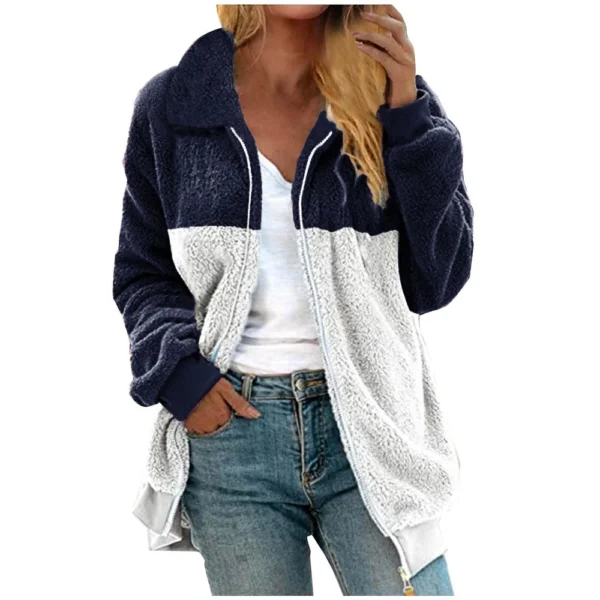 Women's Casual Color Blocking Loose Plush Zippered Flip Collar Jacket With - Image 26