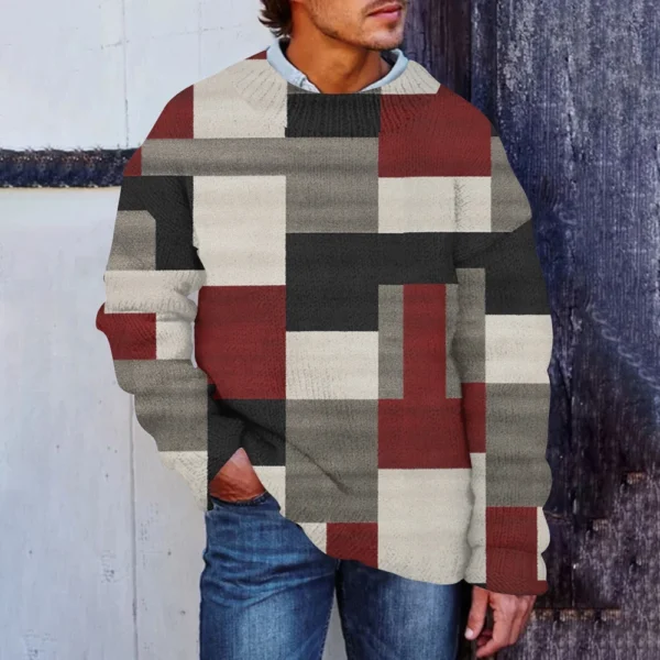 Men'S Printed Synthetic Sweater Round Neck Sportswear Loose Long Sleeved Top - Image 28