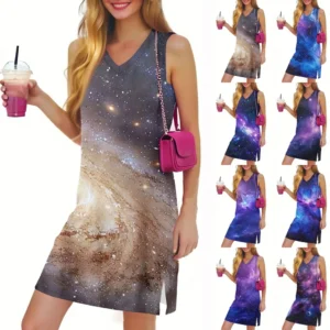 Women's Casual Fashion Sexy V-neck Sleeveless Floral Hem Slit Dress