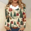 Women's Loose Casual Long Sleeved Christmas Printed Plush Collar V Neck Top, - Image 16