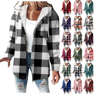 Fleece Hoodies For Women Warm Print Sweatshirt Button Lined Drawstring Hooded