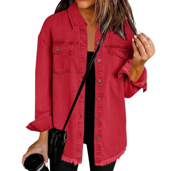 Women's Fashion Denim Shirt Jacket Milled Hem Button Casual Long Sleeve Jacket - Image 43