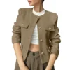 Women's Solid Color Round Neck Fashionable Button Decorated Short Jaket - Image 20