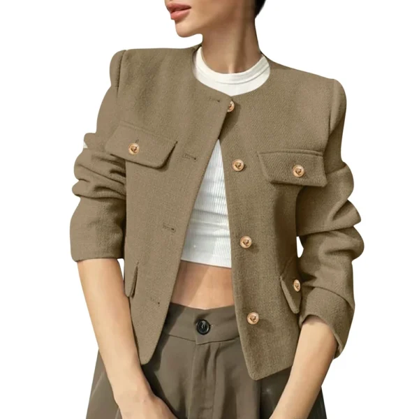 Women's Solid Color Round Neck Fashionable Button Decorated Short Jaket - Image 20