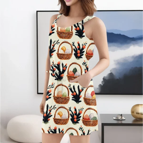 Women's Fashion Casual Easter Printed Sleeveless Drawstring Dress With Pockets - Image 12