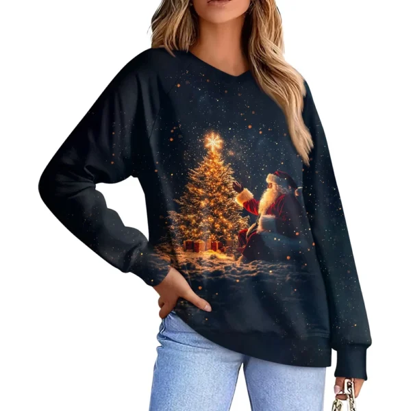 Women's Casual Fashion Comfortable Raglan Sleeve V-Neck Christmas Print - Image 3