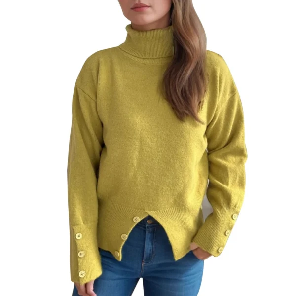 Women's Turtleneck Solid Color Slit Button Sweater Slim Fit Warm Pullover - Image 29