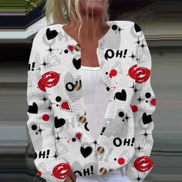 Women's Fashion Printed Valentine's Day Long Sleeved Knitted Cardigan Button - Image 22