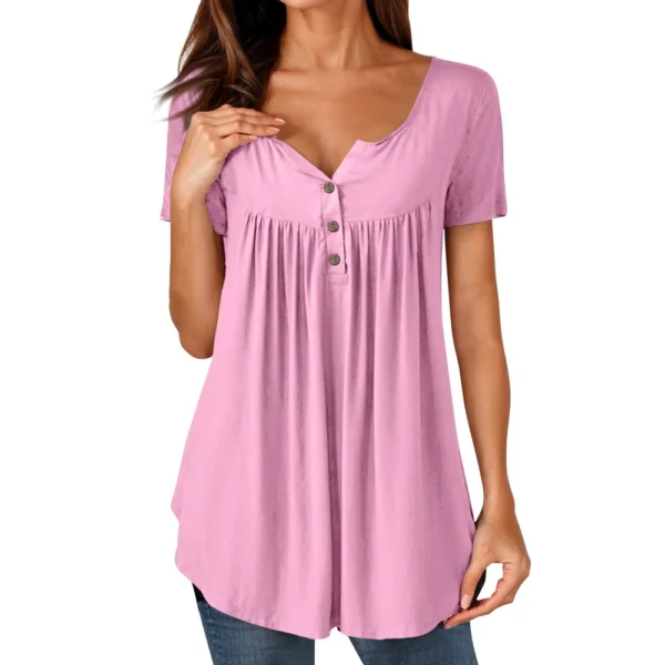 Women Tunic Tops Dressy Casual Summer Short Sleeve Shirts Loose Fit Pleated - Image 3