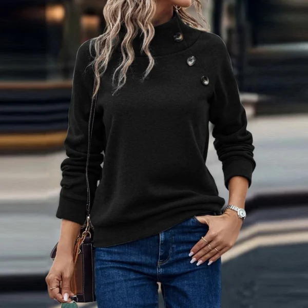 Women's Fashion Casual Solid Color High-neck Button Loose Long-sleeved Hoodie - Image 12