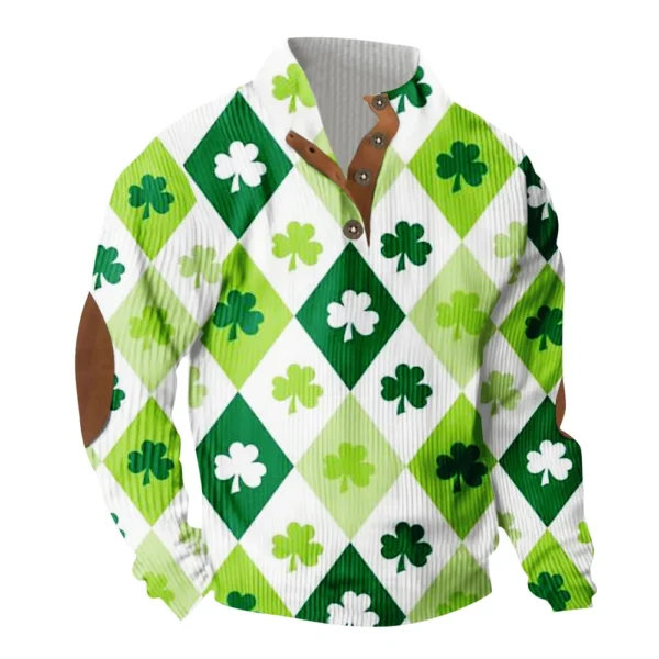 Knit Printed 3 Button - Corduroy Men's Standing Collar Pocket Sweatshirt - Image 8