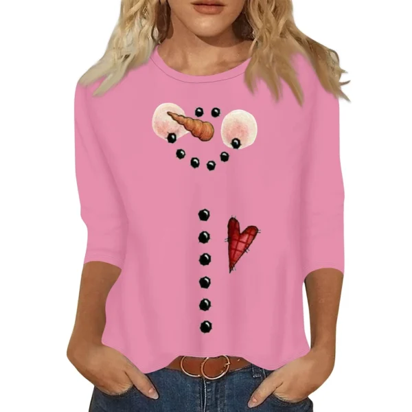 Ladies Casual Christmas Printed Top Round Neck 3/4 Sleeve Loose Women's T-Shirt - Image 26