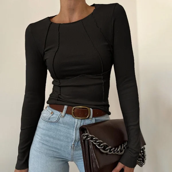 Solid Color Slim Long Sleeve Crew Neck T-Shirt Women - Image 7