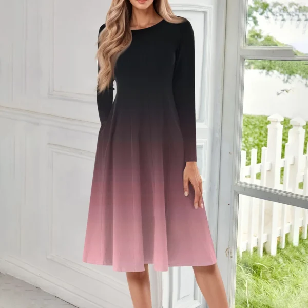Women's Casual Fashion Round Neck Long Sleeve Print Midi Dress - Image 28