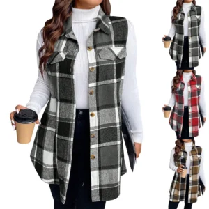 Women's Plaid Sleeveless Waistcoat Fashion Loose Women's Woolen Coat