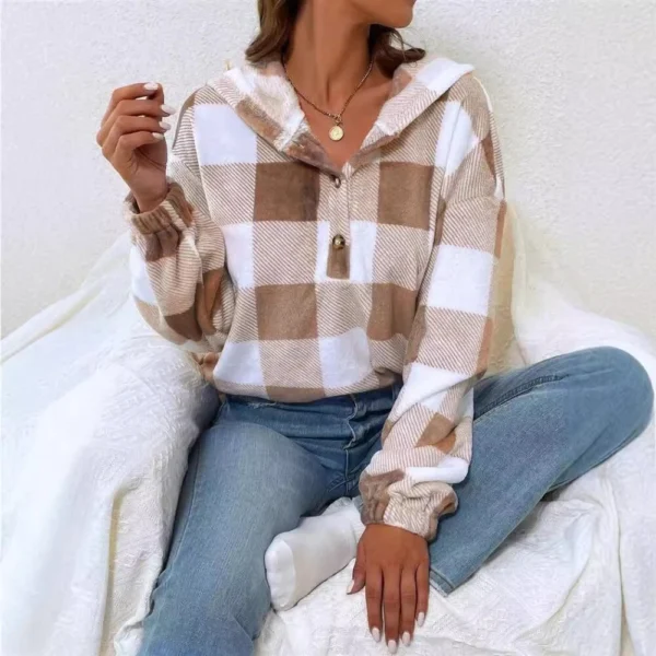 Button Hooded Plush Loose Casual Sweater Women's Clothing - Image 3