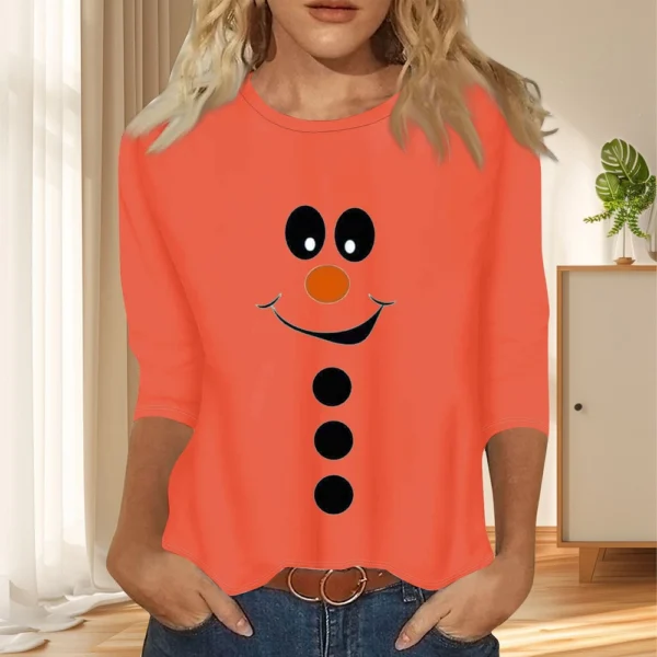 Women's Christmas Casual Round Neck T-Shirt Printed 3/4 Sleeve Loose Ladies Top - Image 33