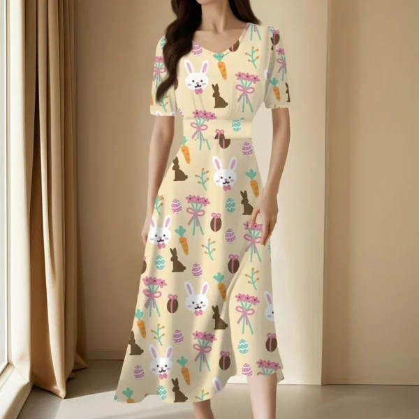 Ladies Casual Fashion Gradient Print V-Neck Short Sleeve Waist Long Swing Dress - Image 16