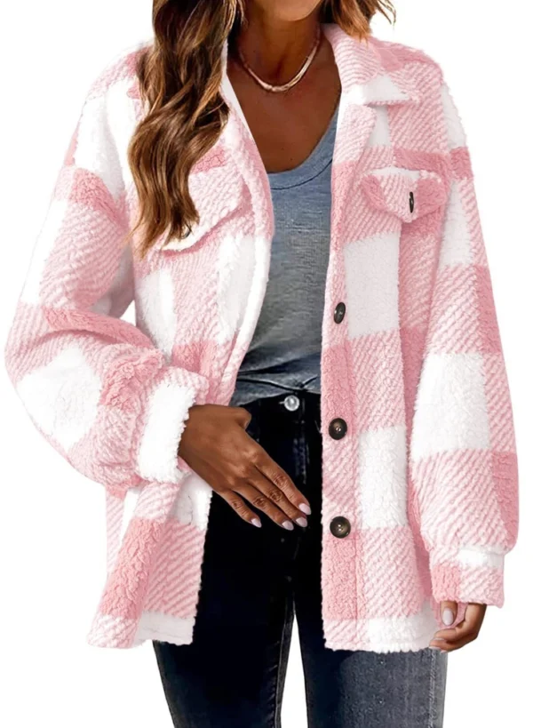 Pocket Plaid Jacket Button Plush Jacket - Image 21