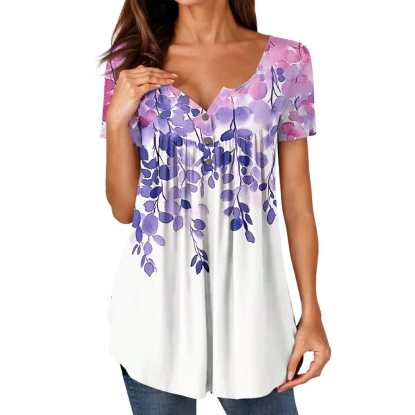 Women Tunic Tops Dressy Casual Summer Short Sleeve Shirts Loose Fit Pleated - Image 41