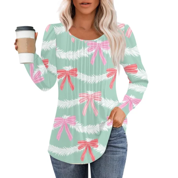 Women's Pleated Casual T-Shirt Round Neck Christmas Printed Long Sleeved Top - Image 29