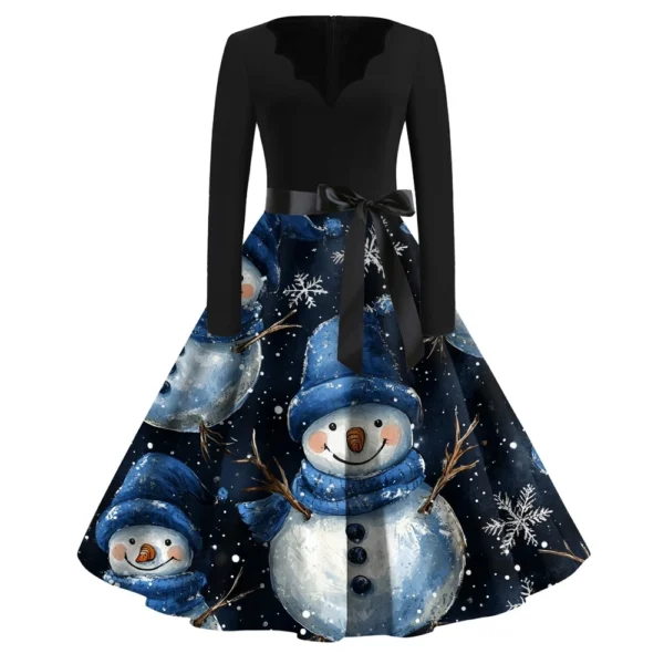 Women's Casual V-Neck Fashion Printed Christmas Long Sleeve Slim Dresses - Image 11