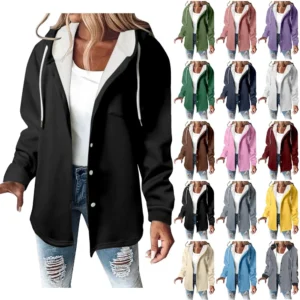 Fleece Hoodies For Women Warm Print Sweatshirt Button Lined Drawstring Hooded