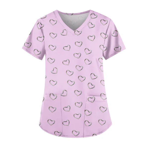 Women's Cute Printed Work Clothes V-neck Double Layer Pockets Basic Short - Image 3