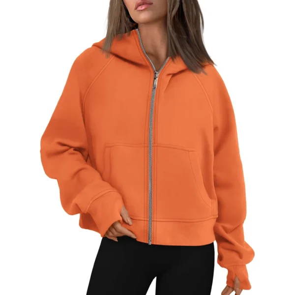 Women's Solid Color Zip-up Collar Hoodie With Sleeves And Fleece Hoodie Coat - Image 40