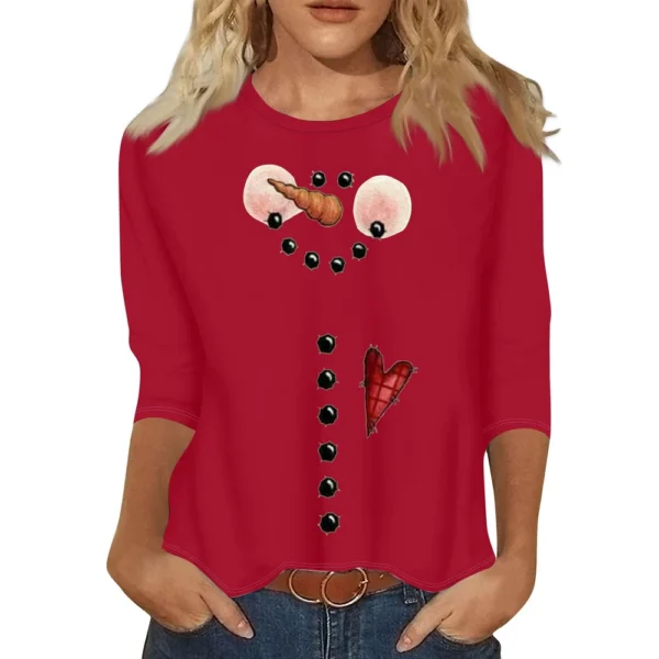 Ladies Casual Christmas Printed Top Round Neck 3/4 Sleeve Loose Women's T-Shirt - Image 10