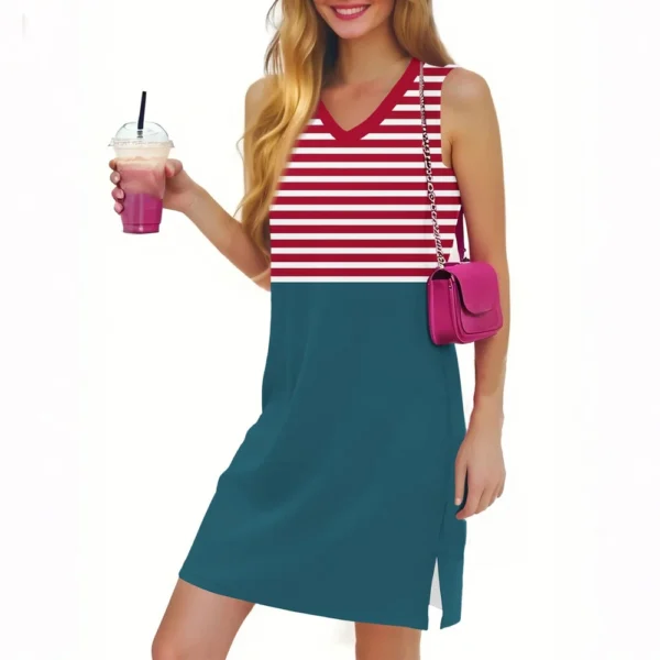 Women's Casual Fashion Sexy V-neck Sleeveless Striped Hem Slit Dress - Image 29
