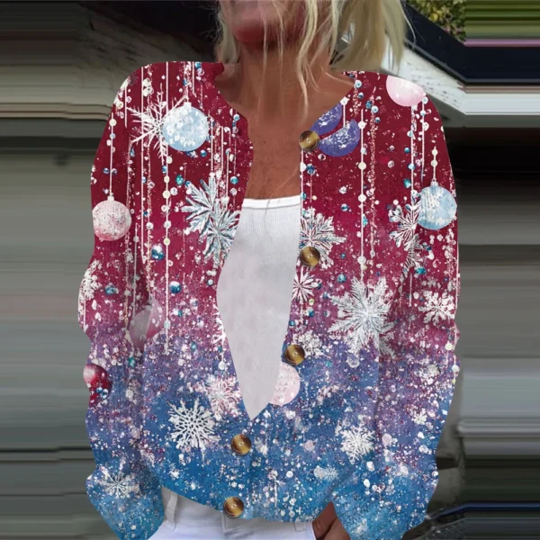 Women's Fashion Christmas Printed Long Sleeve Knitted Cardigan Button Down - Image 34