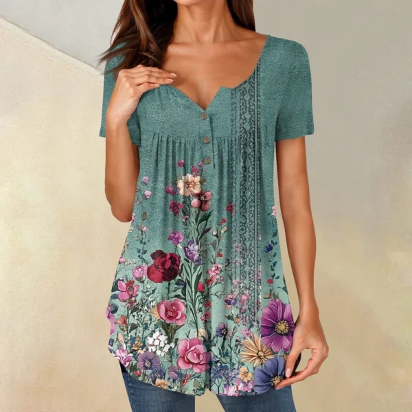 Women Tunic Tops Dressy Casual Summer Short Sleeve Shirts Loose Fit Pleated - Image 13