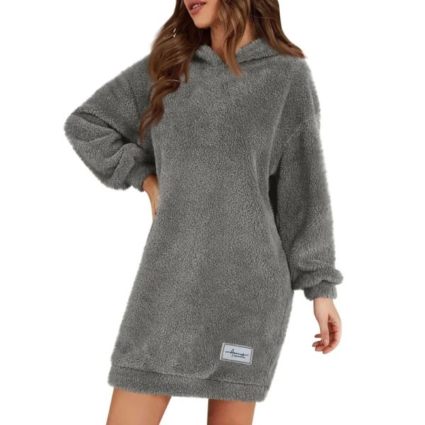 Women's Fashion Hooded Long Sleeve Plush Dress Solid Color Casual Sweatshirt - Image 8