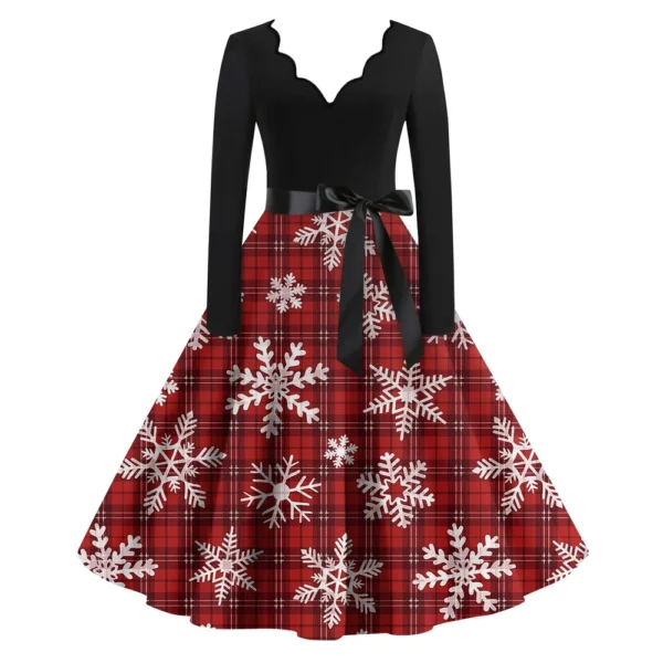 Women's Casual V-Neck Fashion Christmas Slim Long Sleeve Printed Dresses - Image 6