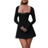 Women 's Elegant Lace Dress Lace Patchwork Long Sleeve Low Cut Dress Backless - Image 17