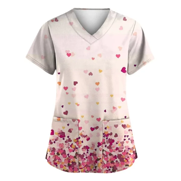 Women's Valentine's Day Printed  Uniform Work Uniform V-Neck Pocket Protective - Image 26