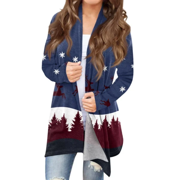 Women's Fashion Christmas Printed Jacket Cardigan Casual Medium Length Coat - Image 3