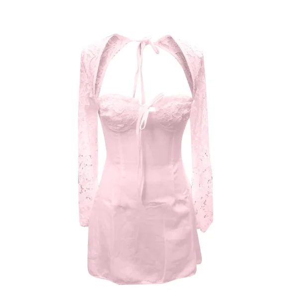Women 's Elegant Lace Dress Lace Patchwork Long Sleeve Low Cut Dress Backless - Image 10