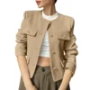 Women's Solid Color Round Neck Fashionable Button Decorated Short Jaket - Image 29