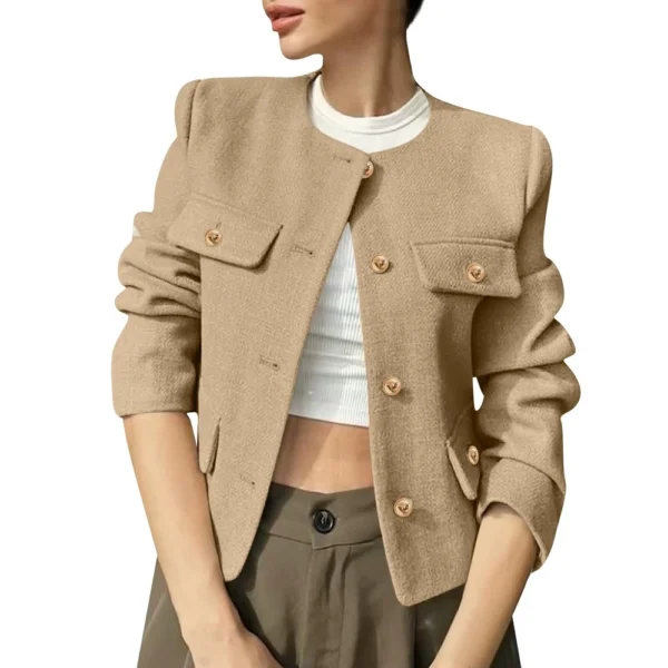 Women's Solid Color Round Neck Fashionable Button Decorated Short Jaket - Image 29