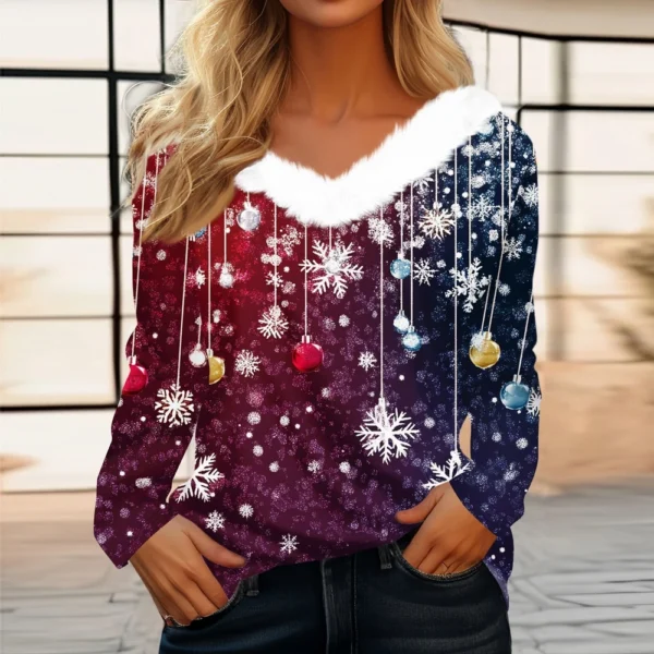 Women's Christmas Party V Neck T Shirt Fleece Collar Shirt Long Sleeve Top - Image 28