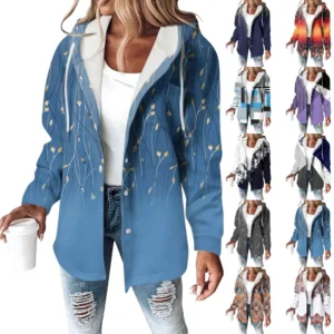 Hoodies For Women Winter Warm Sweatshirt Button Drawstring Hooded Print Jacket