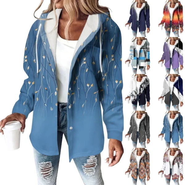Hoodies For Women Winter Warm Sweatshirt Button Drawstring Hooded Print Jacket